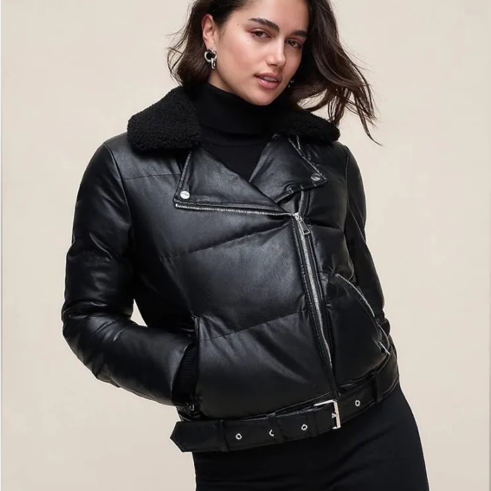 NWT. Express Black faux Leather moto puffer Jacket with faux fur Collar